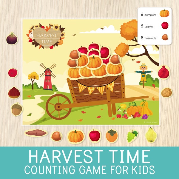 Fall Game For Kids, Autumn Counting Activity, Harvest Time, Task Cards, Fruits & Vegetables, Preschool, Kindergarten, Educational Printable