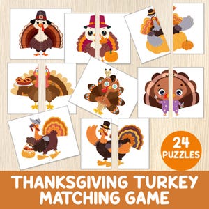 May include: Thanksgiving-themed matching game featuring cartoon turkey illustrations. The game includes 24 puzzles with colorful turkey characters wearing hats and holding items like pie and pumpkins. The text "Thanksgiving Turkey Matching Game" is displayed.