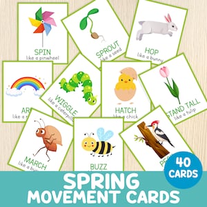 May include: A set of 40 spring movement cards featuring images of a pinwheel, sprout, bunny, rainbow, caterpillar, chick, tulip, ant, bee, and woodpecker. Each card has a word and a phrase describing the movement.