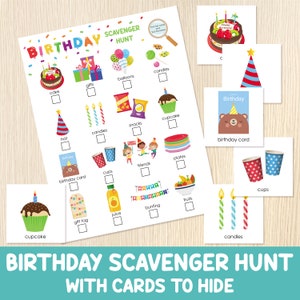Caccia al tesoro di compleanno - Caccia al tesoro al chiuso e all'aperto con carte da nascondere - Gioco stampabile per bambini - Attività per la scuola materna e l'asilo