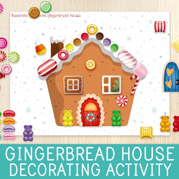 Gingerbread House Decorating Activity, Christmas Game, Paper Craft for Kids, Preschool, Kindergarten, Busy Book Page, Scissor Practice