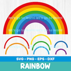 Peut inclure: Une illustration d'arc-en-ciel coloré avec le texte "let's go to learn!" répété. En dessous, des arcs-en-ciel séparés en rouge, orange, jaune, vert, bleu et violet. Les mots "SVG - PNG - EPS - DXF" et "RAINBOW" sont également présents.