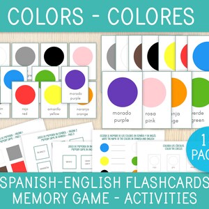 Tarjetas didácticas de colores en español e inglés, juegos de memoria y actividades, hojas de trabajo bilingües, preescolar, jardín de infantes, aula de español, libro de actividades