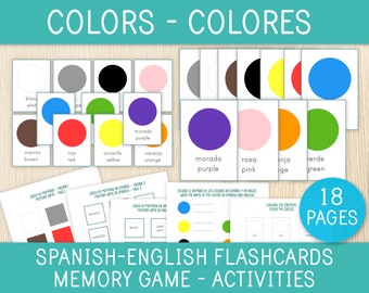 Spanish-English Colors Flashcards, Memory Game and Activities, Bilingual Worksheets, Preschool, Kindergarten, Spanish Classroom, Busy Book