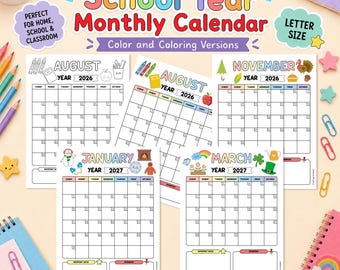 2026-2027 School Year Calendar - Printable Monthly Calendar — School & Homeschool Planner — Color and Coloring Versions — US Letter PDF