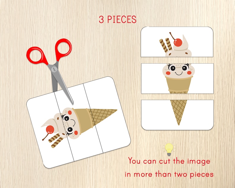 May include: A printable puzzle with three pieces showing a cartoon ice cream cone with a cherry on top. The text "3 PIECES" is at the top of the puzzle. The text "You can cut the image in more than two pieces" is at the bottom of the puzzle.