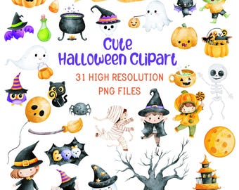 May include: A collection of watercolor Halloween clipart featuring pumpkins, ghosts, bats, witches, and other spooky characters. The text "Happy Halloween" and "Cute Halloween Clipart" are displayed on the image. Includes 31 high-resolution PNG files.
