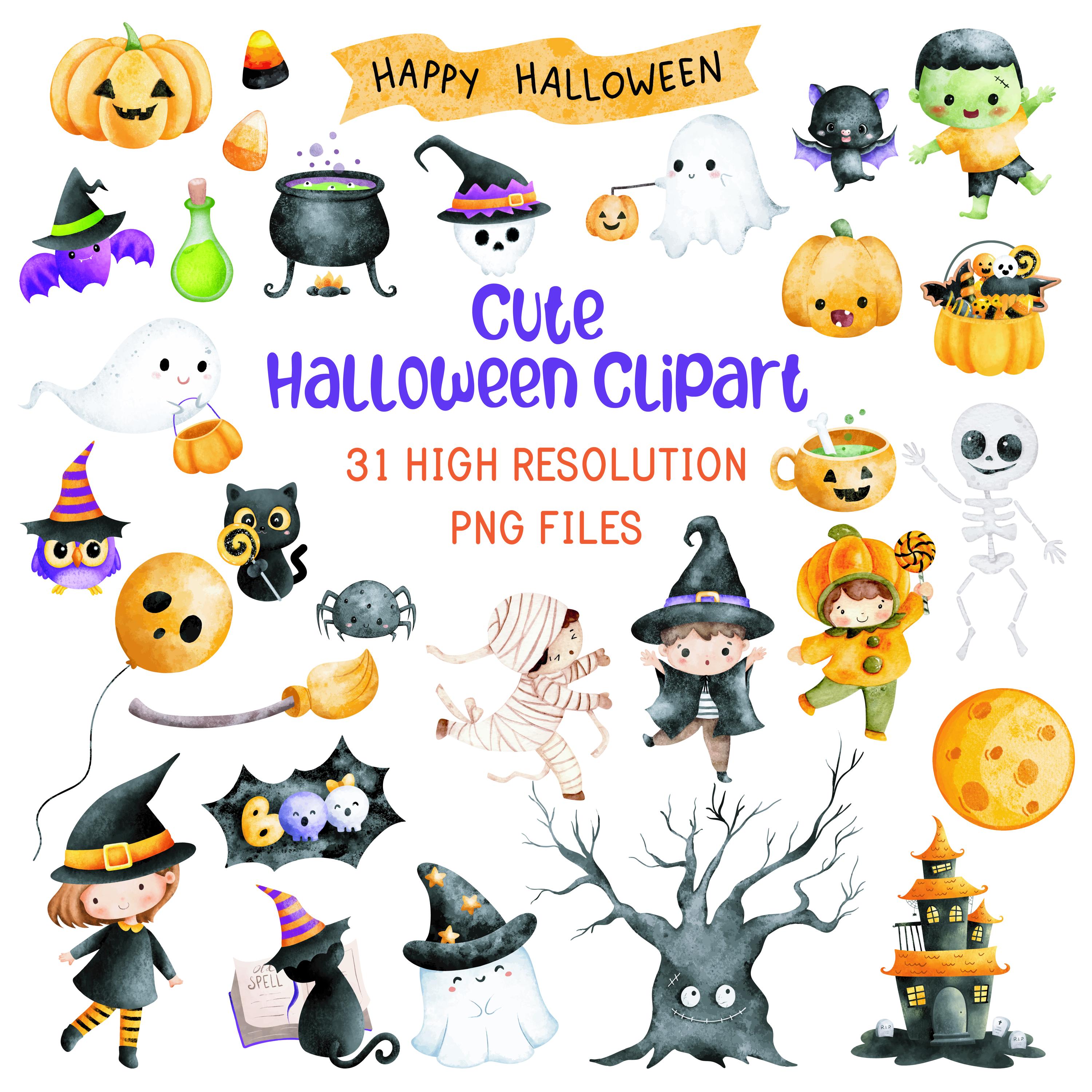 Cute Halloween Clipart Bundle - Watercolor Witch Ghost Pumpkin Bat PNG ...