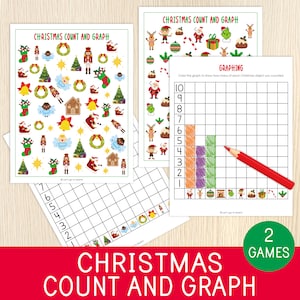 May include: Educational Christmas activity sheets with festive illustrations. The sheets feature images of Santa, reindeer, and Christmas ornaments. One sheet includes a graphing exercise with a red pencil, and the other has a counting activity. The text "Christmas Count and Graph" is displayed.