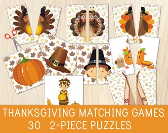 May include: Thanksgiving-themed matching game with 30 two-piece puzzles. The puzzles feature illustrations of turkeys, pumpkins, pilgrims, and Native American figures. The background has a pattern of autumn leaves. The text reads "THANKSGIVING MATCHING GAMES 30 2-PIECE PUZZLES."