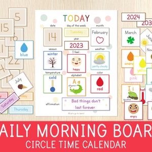 Dagelijks ochtendbord, cirkeltijdkalender, peuter- en kleuterschool, ochtendmand, educatief afdrukbaar, montessori, thuisonderwijs, grafiek