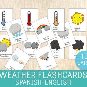 Cartes météo - Fiches de vocabulaire espagnol et anglais - Bilingue - Préscolaire, maternelle, École à la maison - Espagnol pour classe - Imprimable