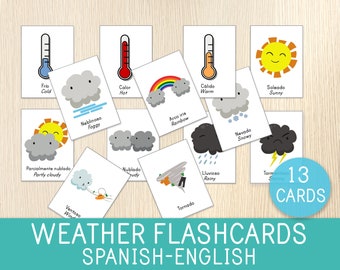 Weather Flashcards, Spanish & English Cards, Bilingual, Preschool, Kindergarten, Spanish and English Vocabulary, Spanish Classroom,Printable