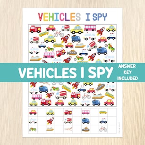 May include: A colorful "Vehicles I Spy" game sheet with various vehicle illustrations, including cars, buses, rockets, and boats. The text "Answer Key Included" is also visible. The game is designed for children.