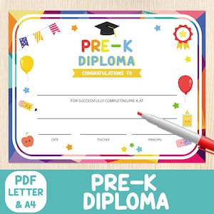 Certificado de Graduação Pré-K, Diploma de Graduação Pré-K, Imprimível, Último Dia de Pré-K, Certificado de Graduação Pré-K, Não Editável, Carta e A4