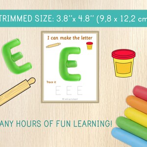 May include: A printable educational activity card measuring 3.8 inches by 4.8 inches, featuring the text I can make the letter E, a green clay letter E, a rolling pin, and a clay container. Includes five colored clay sticks and a wooden rolling pin.