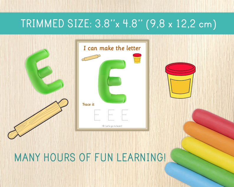 May include: A printable educational activity card measuring 3.8 inches by 4.8 inches, featuring the text I can make the letter E, a green clay letter E, a rolling pin, and a clay container. Includes five colored clay sticks and a wooden rolling pin.