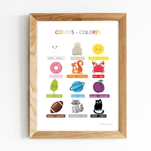Poster colori inglese e spagnolo - Tabella vocabolario spagnolo - Decorazione casa e classe - Aula di spagnolo - Poster bilingue - Scuola materna