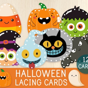 Carte da allacciare per Halloween, per bambini piccoli, attività prescolare, abilità motorie fini, gioco di allacciatura Montessori, attività di apprendimento, autunno, stampabile