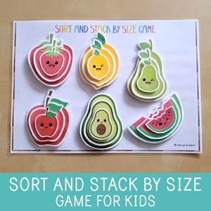 Sorting Activity, Stacking by Size Game, Toddler Quiet Time, Preschool Centers,Cute Fruits, Worksheet, Busy Book Page, Educational Printable