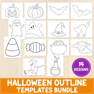 May include: A collection of 14 black and white Halloween outline templates featuring a jack-o'-lantern, pumpkin, bats, ghosts, witch hat, cat, candy corn, wrapped candy, cauldron, moon, witch on a broomstick, and potion bottle with text 14 DESIGNS.