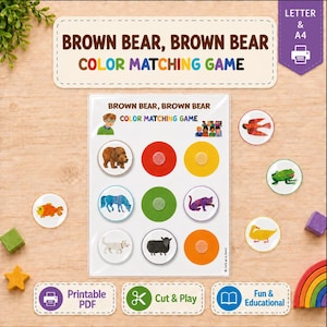 May include: A Brown Bear, Brown Bear Color Matching Game printable activity set. The main sheet features a grid with animal illustrations and colored circles. Includes circular game pieces with a red bird, green frog, and yellow duck.