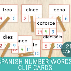 Cartes à clip mots espagnols, chiffres de 0 à 20, préscolaire, activité pour la maternelle, salle de classe d'espagnol, style Montessori, vocabulaire espagnol