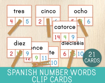 Spanisch Zahlenwörtern Clip Karten, Zahlen 0-20, Vorschule, Kindergarten Aktivität, Spanisches Klassenzimmer, Montessori-Stil, Spanischer Wortschatz