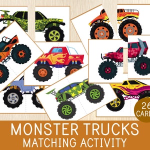 Activité d'association de camions monstres, 26 casse-têtes, Symétrie, casse-têtes pour enfants, École maternelle, Activité de fête d'anniversaire, Cadeaux, Jeu à imprimer