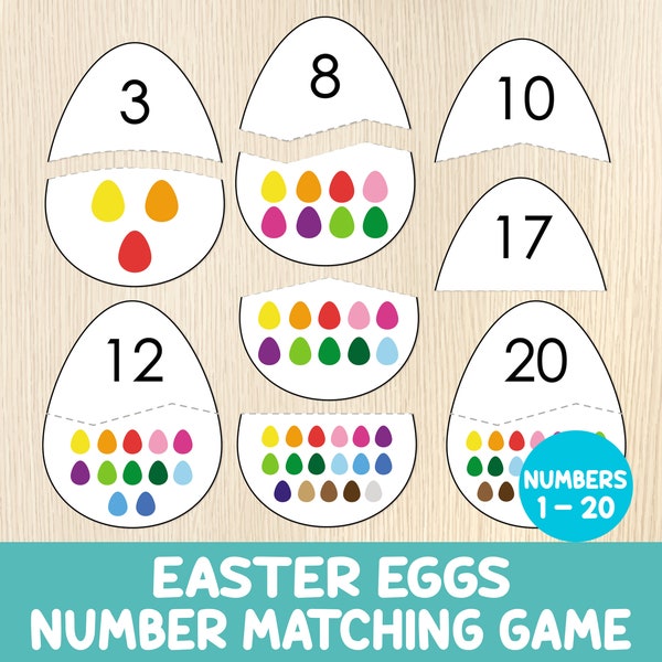 Easter Egg Number Matching, Numbers 1 - 20, Easter Puzzles, Counting Activity, Toddler, Preschool, Math Centers,Number Recognition,Printable