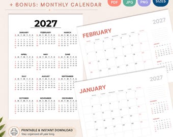 2027 Calendar – Year at a Glance Printable Calendar – Bonus Monthly Calendar – Sunday Start – PDF JPG PNG – Wall Planner