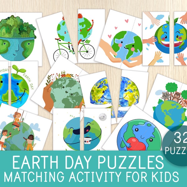 Earth Day Matching Game, 32 Puzzles, Matching Activity, Game for Kids, Toddler, Preschool, Spring Activity, Party Game, Busy Book