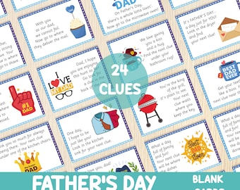 Pistas para la búsqueda del tesoro del Día del Padre, búsqueda del tesoro para papá, el mejor regalo, imprimible, consejos para la búsqueda del tesoro en interiores, sorpresa, tarjetas en blanco incluidas
