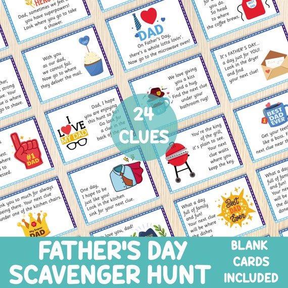 Father's Day Scavenger Hunt Clues, Treasure Hunt For Dad, Best Gift, Printable, Indoor Treasure Hunt Hints, Surprise, Blank Cards Included