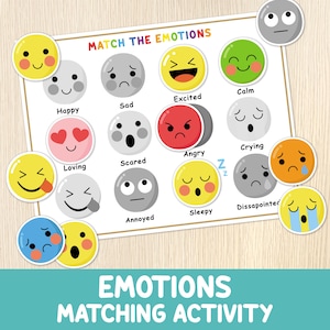 Puede incluir: Una hoja de trabajo imprimible con un juego de emparejamiento para que los niños aprendan sobre las emociones. La hoja de trabajo presenta una variedad de caras de dibujos animados con diferentes expresiones, incluyendo feliz, triste, emocionado, tranquilo, cariñoso, asustado, enojado, llorando, molesto, somnoliento y decepcionado. La hoja de trabajo se titula "Match the Emotions" e incluye el texto "Emotions Matching Activity".