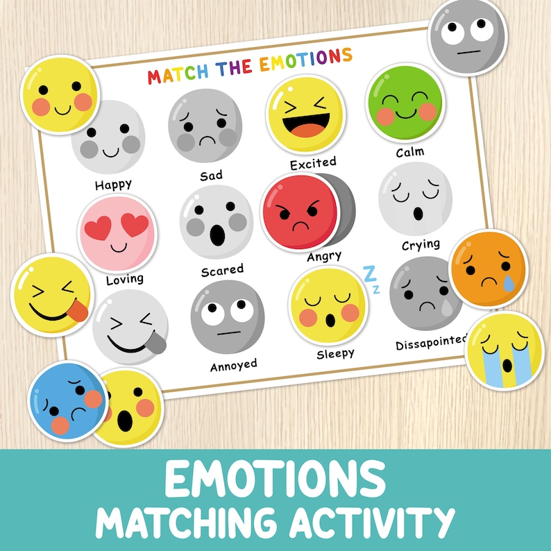 Op de afbeelding: Een uitprintbaar werkblad met een matching game voor kinderen om emoties te leren. Het werkblad bevat een verscheidenheid aan cartoon gezichten met verschillende uitdrukkingen, waaronder blij, verdrietig, opgewonden, kalm, liefhebbend, bang, boos, huilend, ge&euml;rgerd, slaperig en teleurgesteld. Het werkblad heeft de titel "Match the Emotions" en bevat de tekst "Emotions Matching Activity".