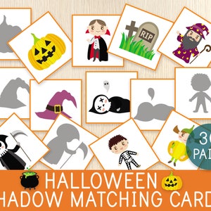 May include: A set of Halloween shadow matching cards featuring 30 pairs of square cards with illustrations of a pumpkin, vampire, tombstone, wizard, witch hat, ghost, skeleton, and grim reaper, alongside their corresponding grey silhouettes.