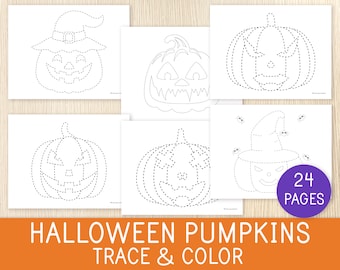 Desenhos de abóboras de Halloween para colorir e traçar, atividade infantil para festa de Halloween, desenhos para colorir de Halloween, pré-escola, prática de traçado, abóbora de Halloween