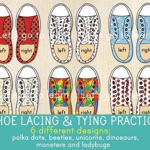 Shoe Lacing & Tying Practice - Shoelaces - 6 Designs - Fine Motor Skills Activity - Montessori Style - Preeschool -Kindergarten - Homeschool