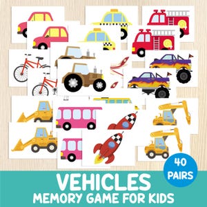Jeu de mémoire sur les véhicules - activité d'association de transport - tout-petit, préscolaire, maternelle, école à la maison - cartes d'association imprimables