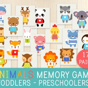 Jogo da memória de animais, atividade de correspondência para crianças, jogo para impressão pré-escolar, animais fofos, festa de aniversário, bolsas de atividades, habilidades de correspondência