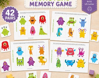 Monster Memory Game — 42 Matching Pairs — Preschool and Kindergarten Activity — Classroom & Homeschool Game — Monster Birthday Party