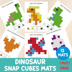 May include: A set of dinosaur-themed snap cube mats. The mats feature colorful block designs of dinosaurs, footprints, and eggs. Text on the mats reads "Build the Dinosaur" and "Dinosaur Snap Cubes Mats". A blue circle indicates "12 MATS".