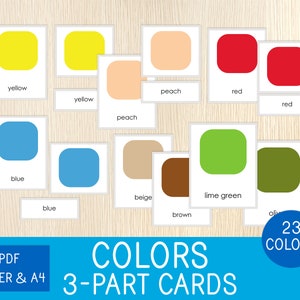 Tarjetas de colores de 3 partes, Tarjetas de nomenclatura, Reconocimiento de colores, Tarjetas Montessori, Preescolar, Centros, Vocabulario en inglés, Imprimible educativo