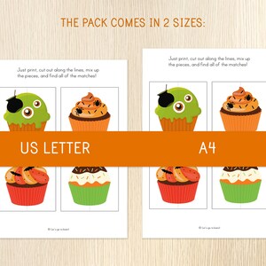 May include: Halloween-themed matching game with illustrated cupcakes. The game includes two sizes: US Letter and A4. Each size features four cupcakes with different designs, including a green monster cupcake and an orange spider cupcake.