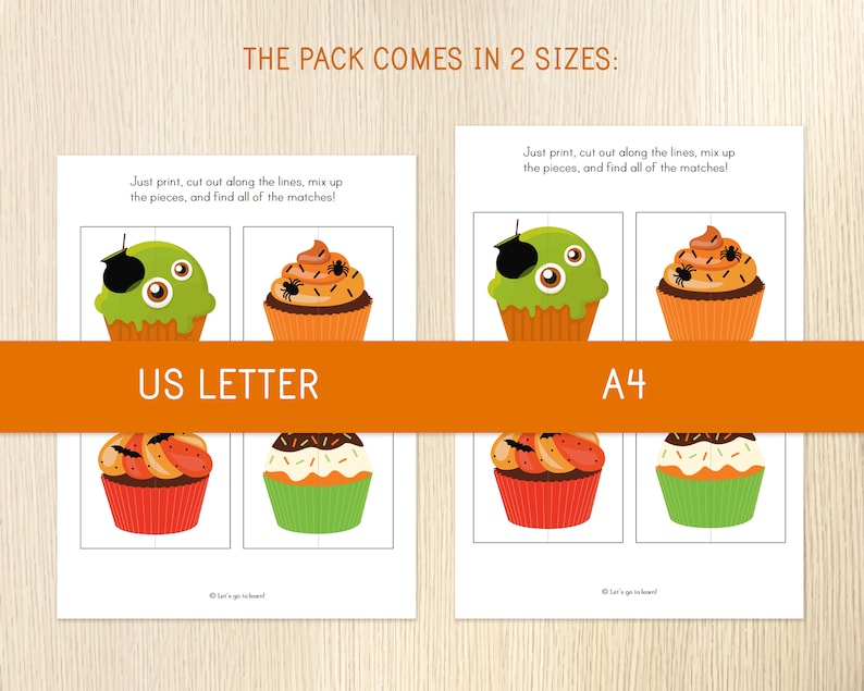 May include: Halloween-themed matching game with illustrated cupcakes. The game includes two sizes: US Letter and A4. Each size features four cupcakes with different designs, including a green monster cupcake and an orange spider cupcake.
