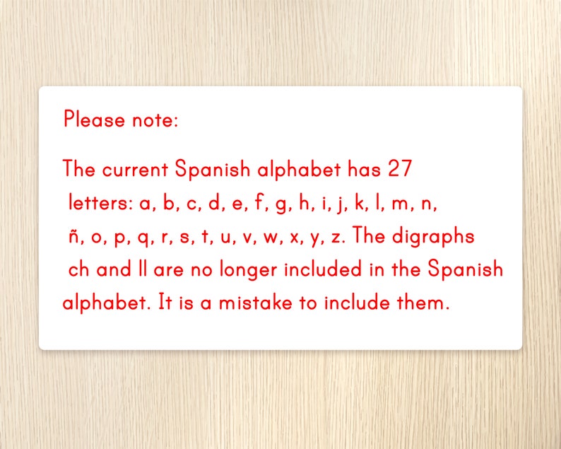 K&ouml;nnte beinhalten: Eine Notiz, die erkl&auml;rt, dass das aktuelle spanische Alphabet 27 Buchstaben hat, einschlie&szlig;lich des Buchstabens "&ntilde;". Die Digraphen "ch" und "ll" sind nicht mehr im spanischen Alphabet enthalten.