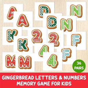 May include: Gingerbread-themed memory game for kids featuring letter and number cards. The cards have a gingerbread cookie design with red, green, and white icing. The game includes 36 pairs of cards.