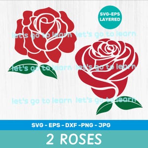 Może przedstawiać: Dwie czerwone róże z zielonymi liśćmi, warstwowe i gotowe do wycięcia do projektów rękodzielniczych. W zestawie formaty plików SVG, EPS, DXF, PNG i JPG. 2 Róże.