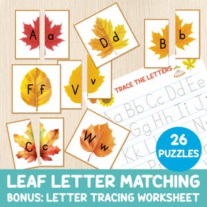 Leaf Letter Matching Game for Kids - Fall Alphabet Puzzle - Upper & Lowercase Letter Match, Autumn Preschool Activity, Letter Tracing Bonus